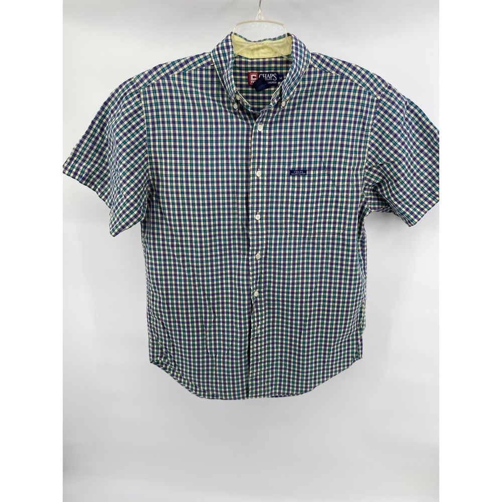 Chaps Ralph Lauren Mens Plaid Short Sleeve Button Down Shirt Blue Green Medium - Picture 1 of 7